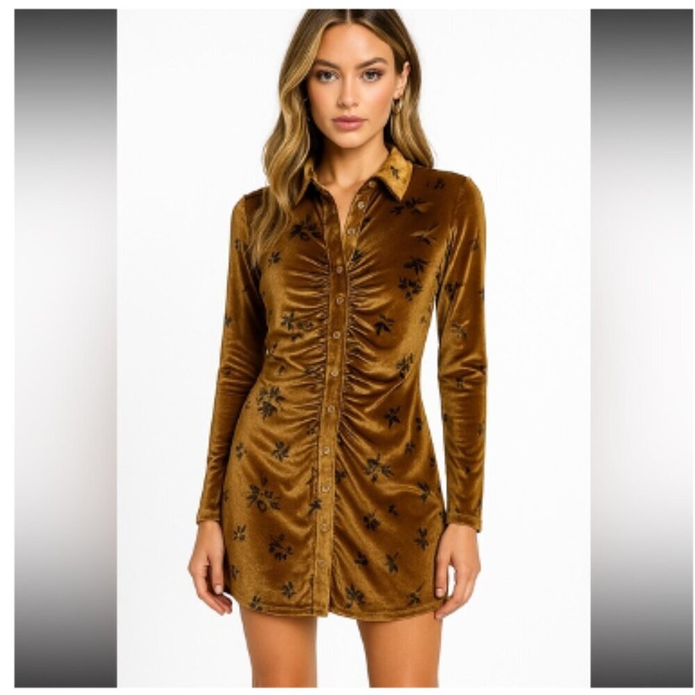 EUC House of Harlow Revolve Crushed Velvet Floral Button Down Mini Dress Small